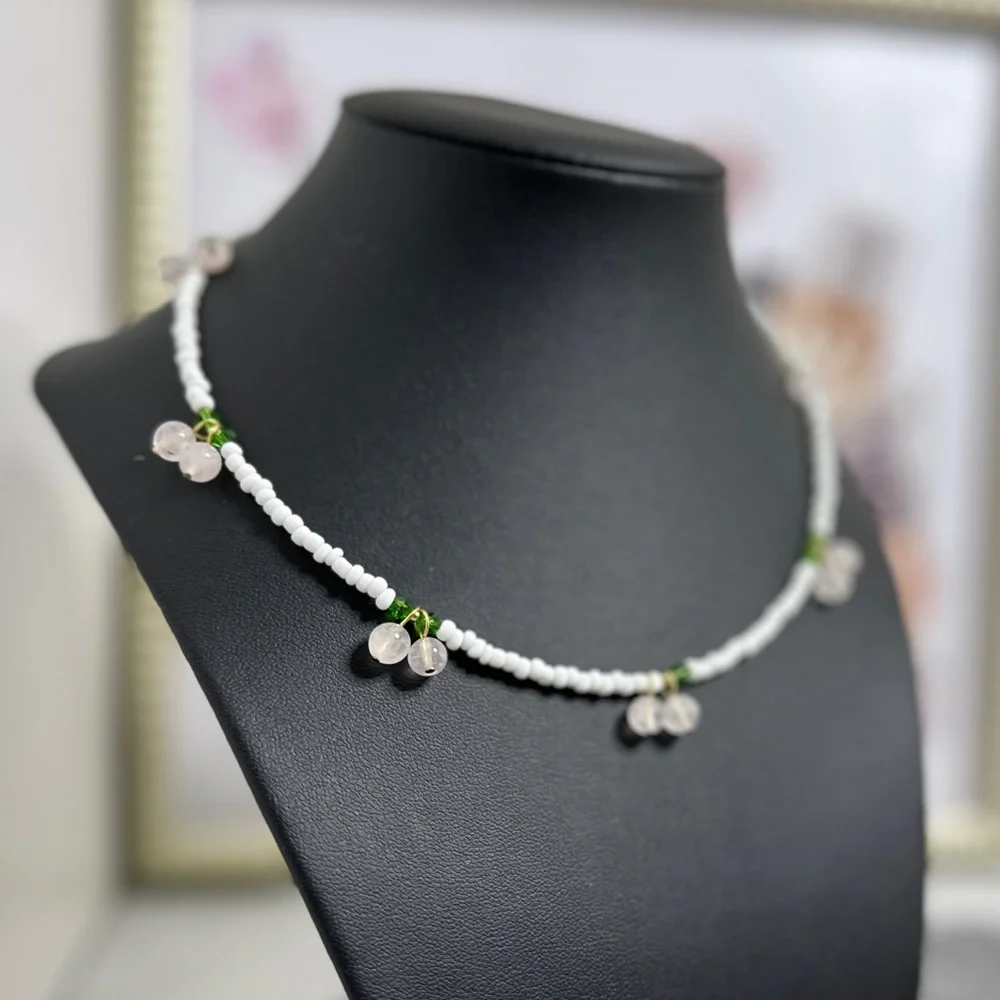 Natural Rose quartz Fruity Beaded Necklace with seed beads